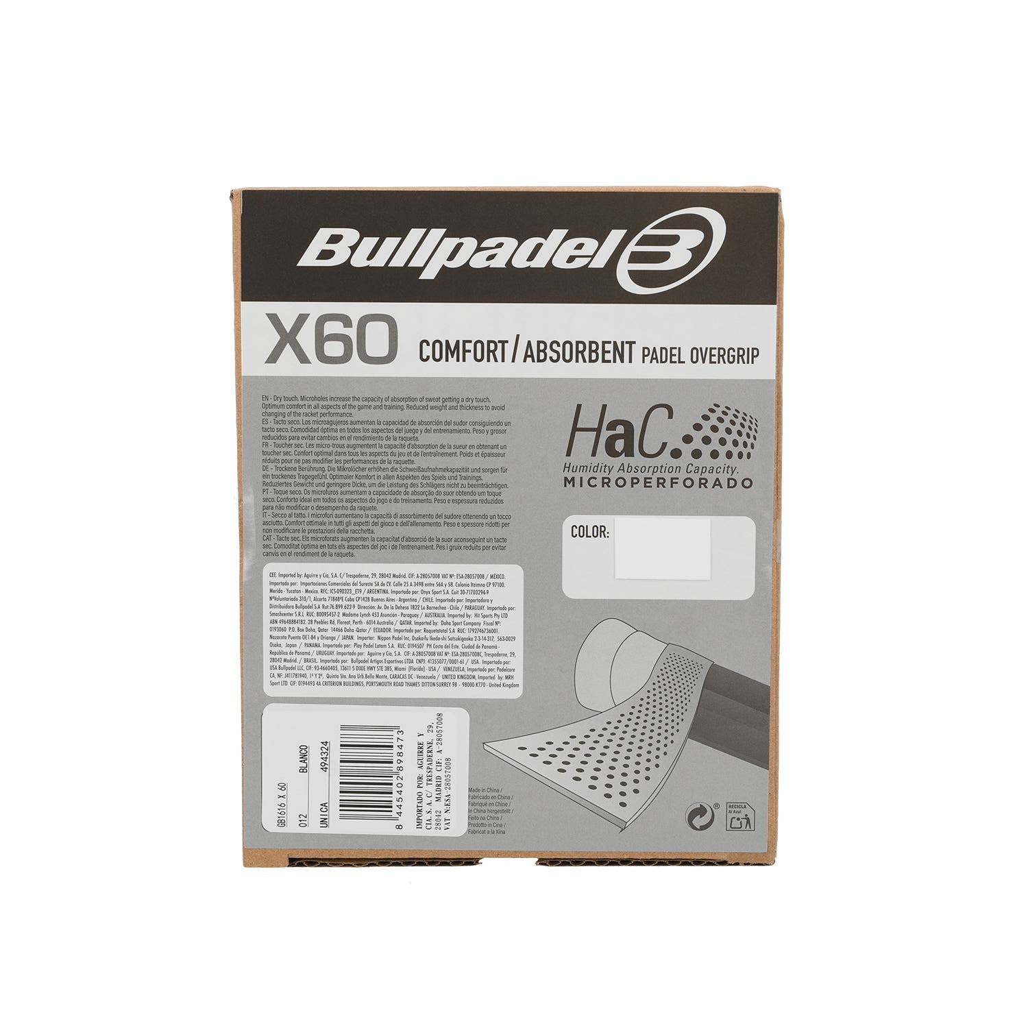 CAJA 60 UDS. OVERGRIPS BULLPADEL COMFORT HAC BLANCO GB1616
