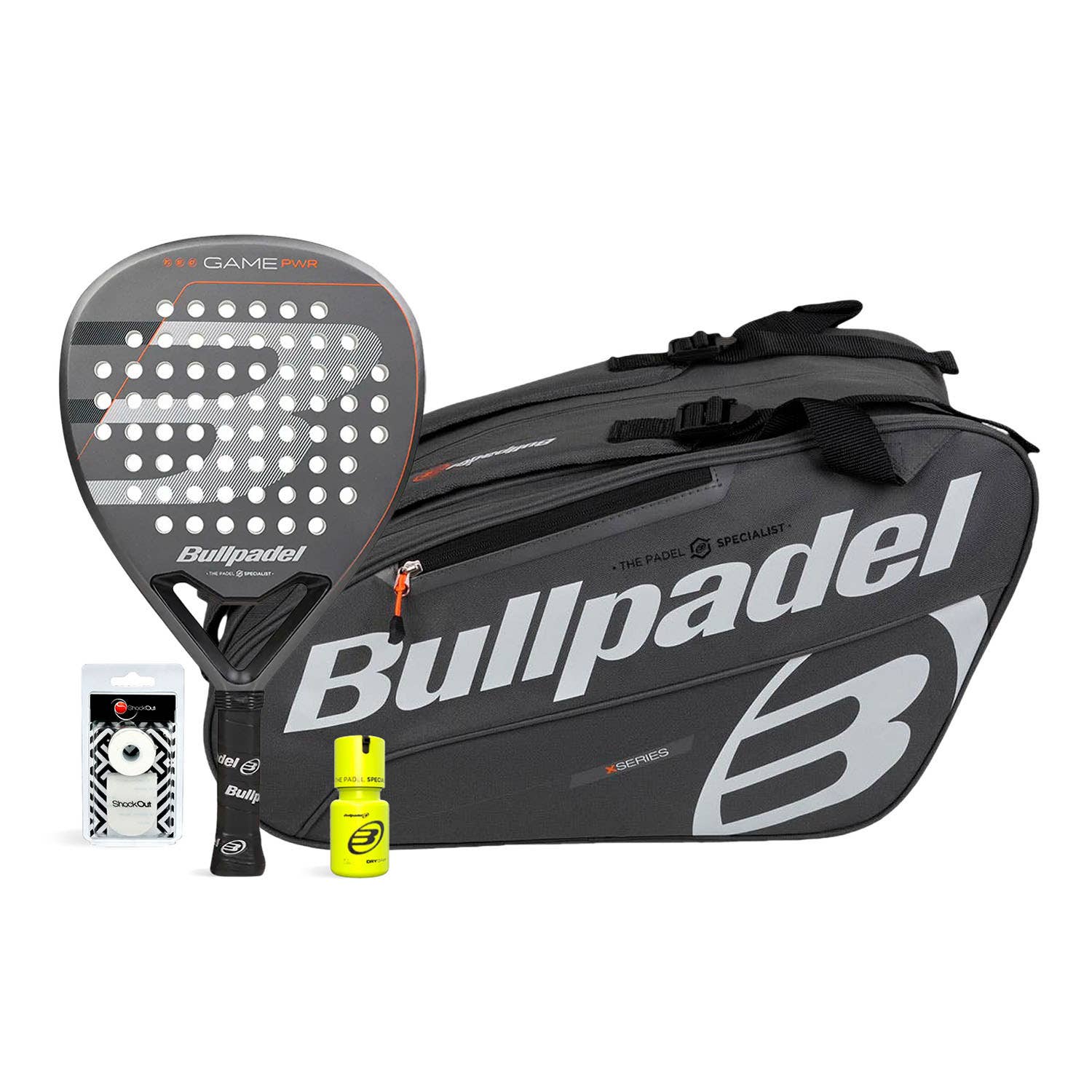 PACK BULLPDEL GAME PWR GRIS PALETERO GRIS NARANJA DRY GRIP