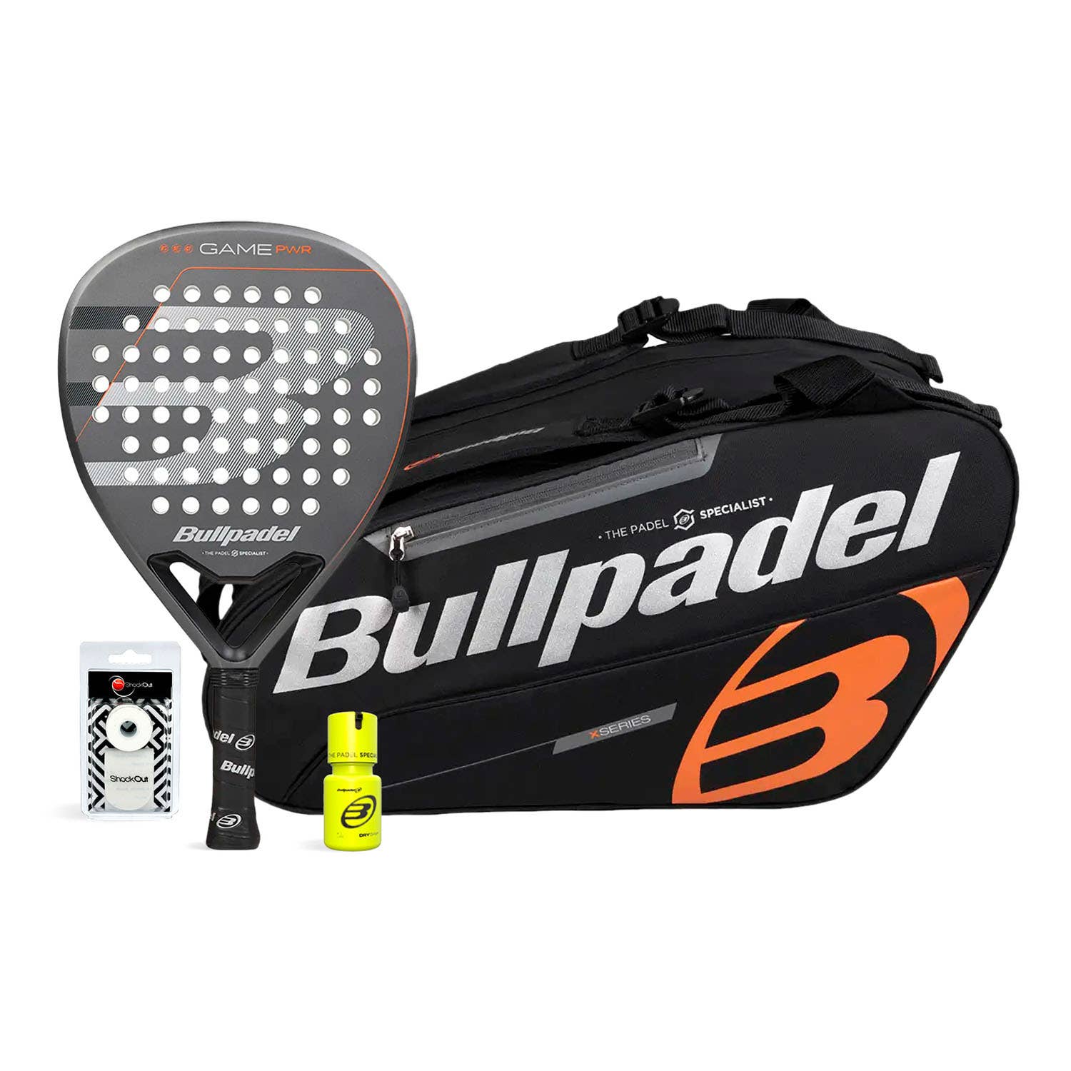PACK BULLPDEL GAME PWR GRIS PALETERO NEGRO NARANJA DRY GRIP