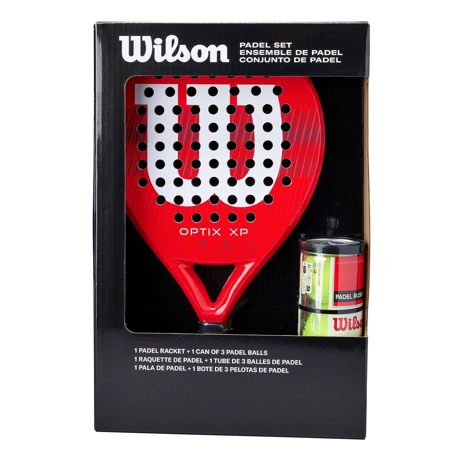 PACK PALA WILSON OPTIX XP RED Y BOTE DE BOLAS WILSON RUSH