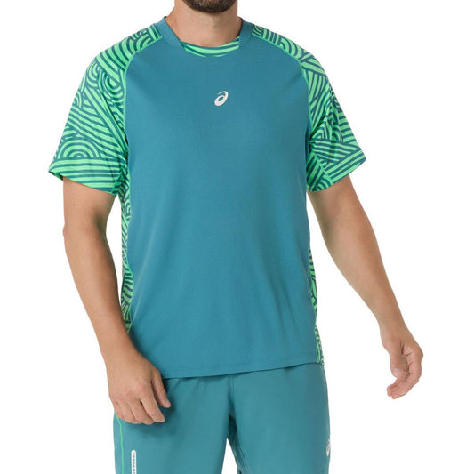 CAMISETA ASICS PADEL COURT ALL OVER PRINT AZUL OSCURO/VERDE