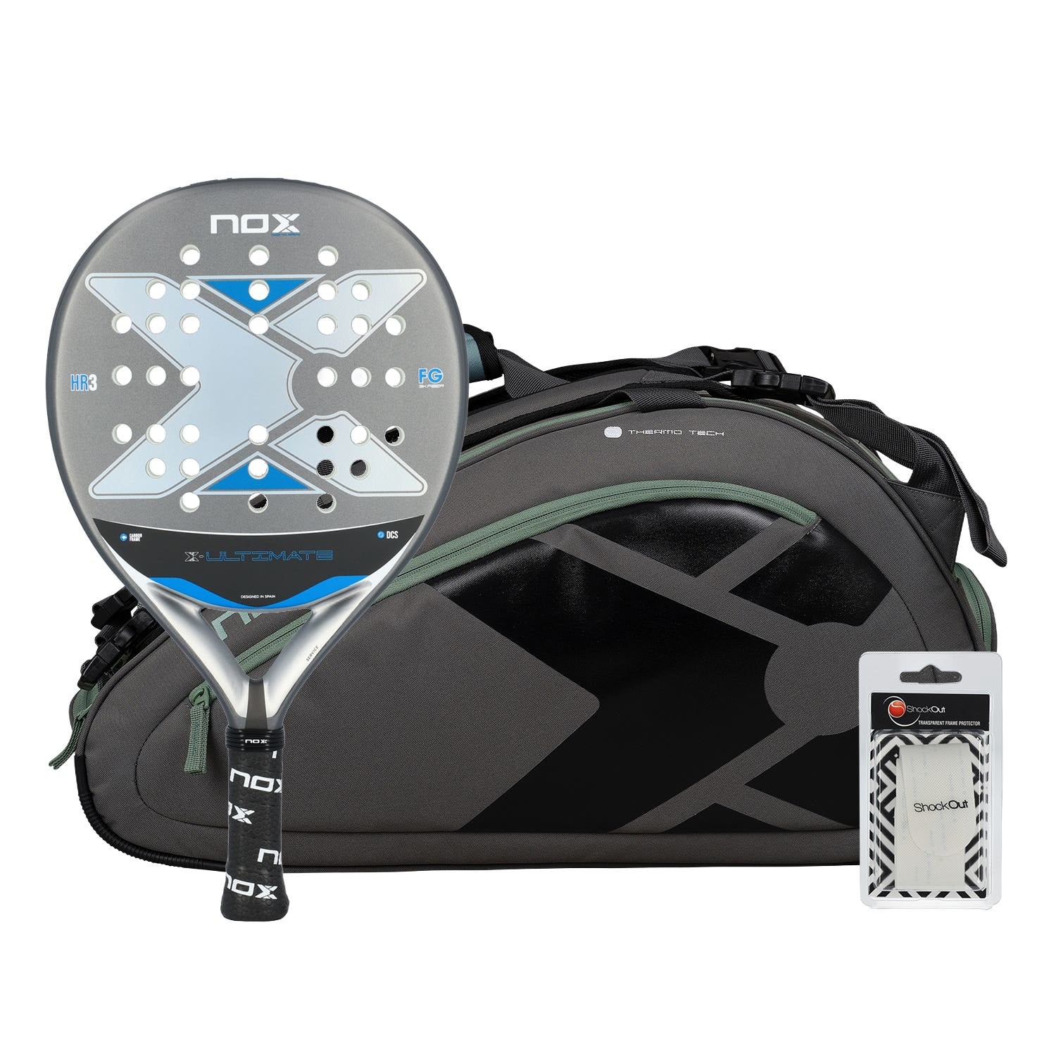 PACK NOX ULTIMATE GRIS AZUL + PALETERO NOX AT10 TEAM GRIS VERDE